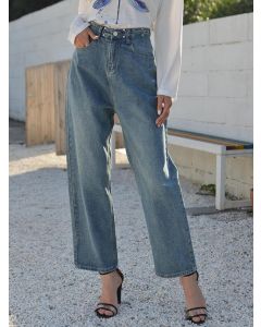 Blue Pockets Buttons High Waisted Going out Long Wide Leg Jeans
