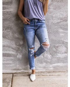 Blue Pockets Zipper Mid-rise Streetwear Long Ripped Skinny Pencil Jeans