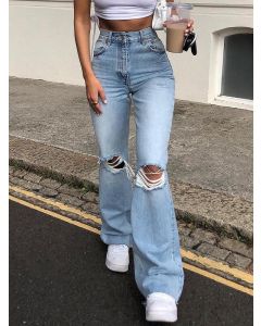 Jeans poches zippées taille haute streetwear longue jambe large déchirée bleu clair