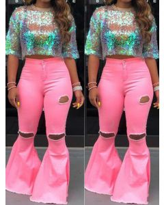 Pink Buttons Zipper High Waisted Fashion Long Ripped Flare Jeans