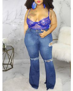 Dark Blue Buttons Zipper High Waisted Fashion Plus Size Long Ripped Flare Jeans