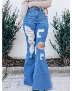 Blue Zipper Pockets High Waisted Fashion Long Ripped Flare Jeans