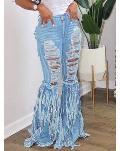 Light Blue Patchwork Tassel Pockets High Waisted Streetwear Long Ripped Flare Jeans