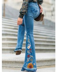 Light Blue Flowers Embroidery Pockets High Waisted Fashion Plus Size Long Flare Jeans