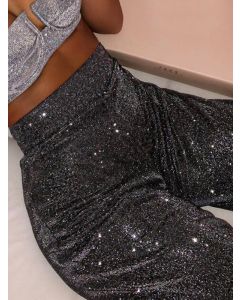 Black Sequin Sparkly High Waisted Fashion Long Wide Leg Pants
