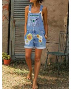 Light Blue Flowers Shoulder-Strap Pockets Sleeveless Fashion Short Denim Jumpsuit