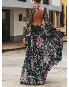 Black Floral Backless Big Swing Long Sleeve Elegant Maxi Dress