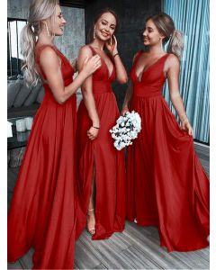 Red Draped Slit Backless V-neck Elegant Bridesmaid Maxi Dress
