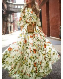 White Floral Draped Big Swing Flowy Elbow Sleeve Fashion Maxi Dress