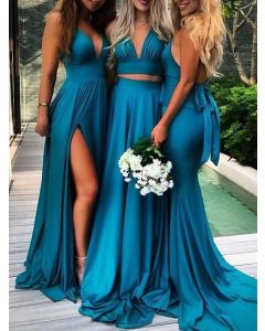 Blue Condole Belt Backless Side Slit V-neck Elegant Bridesmaid Maxi Dress