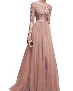 Pink Patchwork Lace Draped A-Line Elbow Sleeve Elegant Cocktail Party Maxi Dress