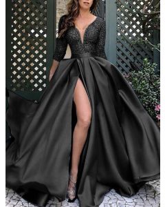 Black Patchwork Bronzing Side Slit Big Swing V-neck Elegant Maxi Dress