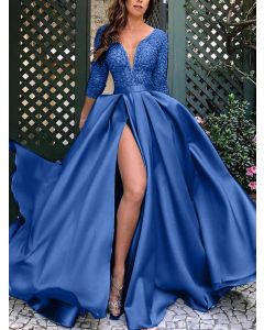 Maxi vestido corte lateral de encaje gran columpio escote en V profundo banquete elegante azul oscuro