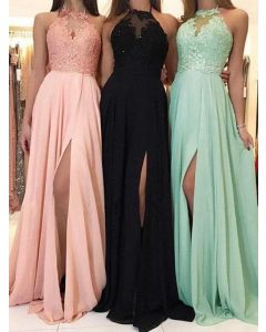 Pink Lace Halter Neck Side Slit Floor Length Elegant Maxi Dress