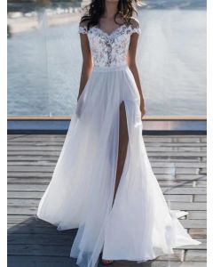 White Patchwork Lace Side Slit Off Shoulder Boat Neck Elegant Wedding Gowns Maxi Dress