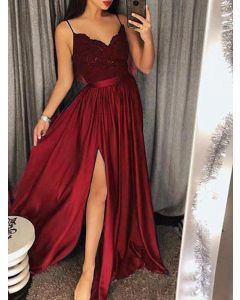 Wine Red Patchwork Lace Condole Belt Side Slit Big Swing V-neck Elegant Maxi Dress