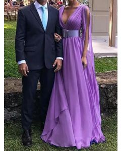 Purple Draped Flowy Deep V-neck Slit Sleeve Elegant Cocktail Party Maxi Dress