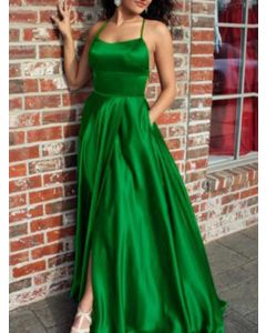 Green Condole Belt Side Slit Backless Tie Back Big Swing Fashion Cocktail Party Maxi Dress