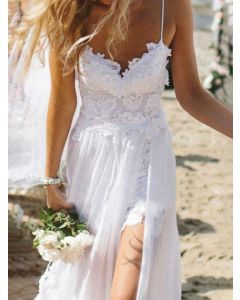 White Patchwork Lace Condole Belt Side Slit V-neck Elegant Wedding Gowns Maxi Dress