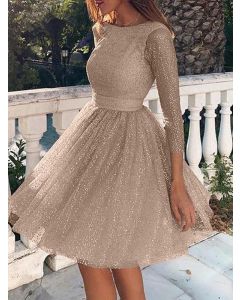 Mini vestido granadina de lentejuelas sin espalda cuello redondo línea A elegante champán