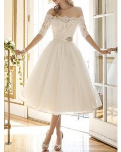 White Patchwork Lace Off Shoulder Tulle Short Sleeve Elegant Wedding Gowns Midi Dress