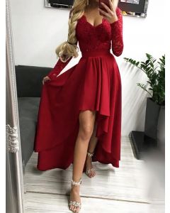 Red Patchwork Lace Backless High-low Big Swing Long Sleeve Elegant Party Midi Dress