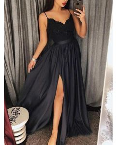 Black Patchwork Lace Condole Belt Side Slit V-neck Elegant Maxi Dress