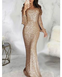 Maxi vestido borla de lentejuelas con cuello en V irregular elegante champán