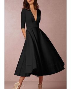Black Pockets Big Swing Elbow Sleeve Elegant Banquet Midi Dress