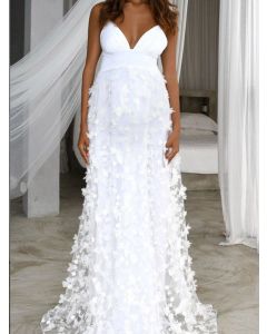 White Floral Condole Belt Off Shoulder V-neck Elegant Wedding Gowns Maternity Maxi Dress