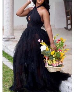 Black Patchwork Grenadine Cut Out Halter Neck Backless Irregular Fashion Plus Size Maxi Dress