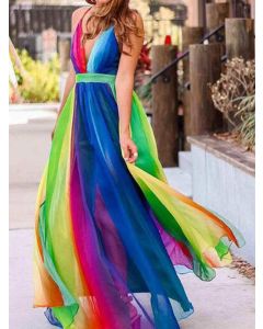 Multicolor Rainbow Condole Belt Cross Back Backless Flowy V-neck Elegant Maxi Dress