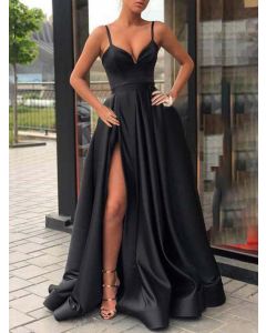 Maxi vestido cóctel elegante con escote en V Y abertura lateral con cinturón condole negro