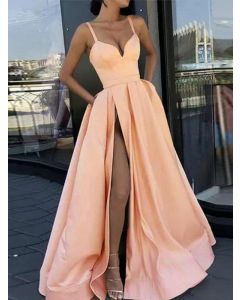 Apricot Condole Belt Pockets Side Slit Big Swing V-neck Elegant Banquet Maxi Dress
