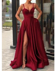 Wine Red Condole Belt Pockets Side Slit Big Swing V-neck Elegant Banquet Maxi Dress