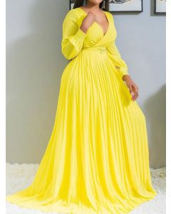 Yellow Pleated Belt Cross Chest V-neck Elegant Plus Size Big Swing Maxi Dress