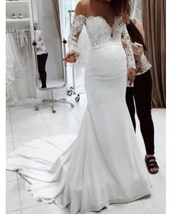 White Patchwork Lace Draped Off Shoulder Long Sleeve Elegant Wedding Gowns Maxi Dress