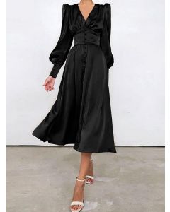 Black Single Breasted V-neck Lantern Sleeve Elegant A-Line Midi Dress