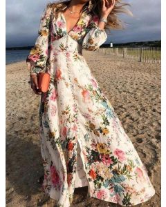 Robe longue florale boutonnée fente avant grande balançoire col en V vacances élégantes blanc