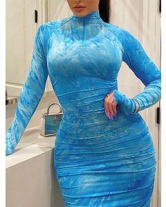 Blue Ruffle Tie Dye High Neck Fashion Plus Size Bodycon Midi Dress