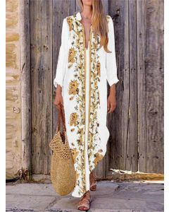 White Flowers Print Side Slit V-neck Going out Plus Size Bohemian Maxi Dress
