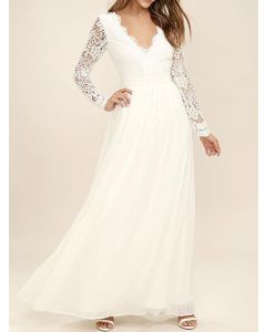 White Patchwork Lace Draped Backless Long Sleeve Elegant Wedding Gowns Maxi Dress