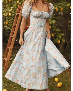 Blue Floral Drawstring Lace-up Side Slit Short Sleeve Elegant Holiday Maxi Dress