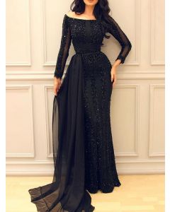 Black Sequin Bronzing Grenadine Off Shoulder Long Sleeve Elegant Banquet Maxi Dress