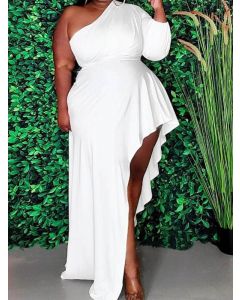 White Irregular Draped One-shoulder Oblique Shoulder Long Sleeve Elegant Plus Size Maxi Dress