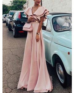 Maxi vestido cinturón con volantes fluido cuello vuelto elegante talla grande rosa