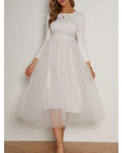 White Patchwork Grenadine Draped Long Sleeve Elegant A-Line Hepburn Midi Dress