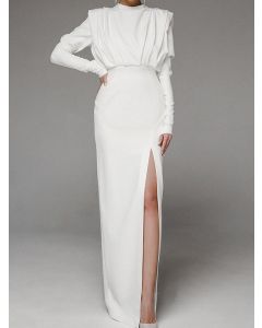 White Backless Thigh High Side Slits Long Sleeve Elegant Bodycon Maxi Dress