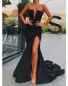 Maxi vestido fiesta de noche de graduación de moda de sirena bandeau con abertura lateral negro