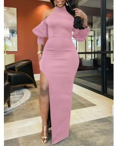Pink Off Shoulder Bodycon Side Slit 3/4 Sleeve Elegant Maxi Dress